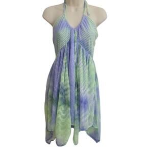 Women's Boho Chic Dress Blue Tie Dye Halter Neck Babydoll Dress Medium NWT